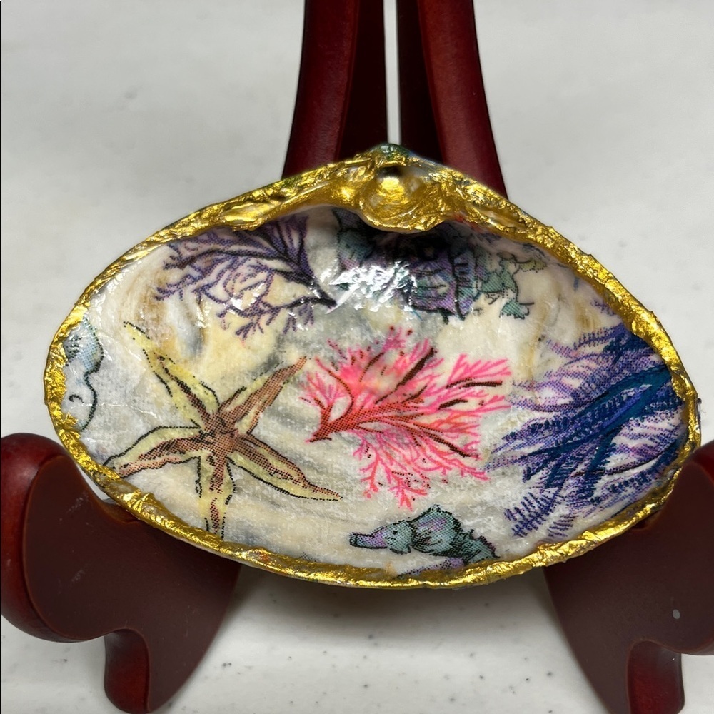 Handcrafted Double-Sided Sea Life Shell Trinket Dish Gold Trim Coastal Decor